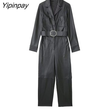 Yipinpay 2023 Fashion Women Faux Leather Jumpsuits With Belt Spring Autumn Vintage Long Sleeve Notched Female Causal Playsuits Mujer